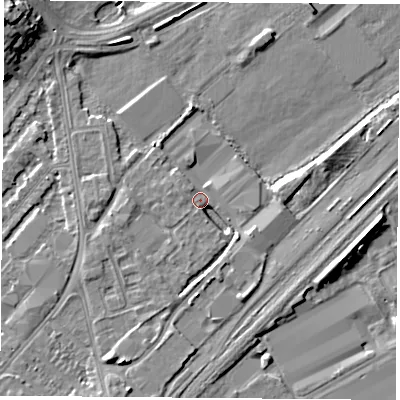Shaded relief map of the ground around NG92JN, computed from Environment Agency LiDAR. The ground here sits at about 27 m above sea level and falls 10 m across the surrounding 800 m. Surface water reaching this point runs off ground lying to the south, 3.4 m higher.
