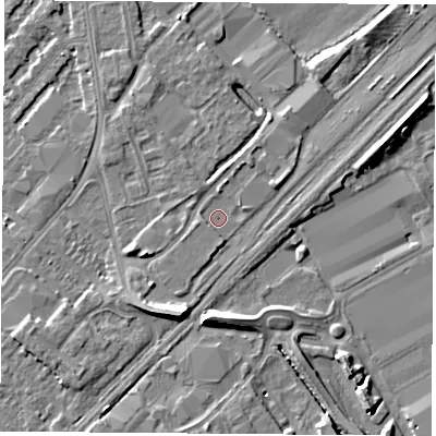 Shaded relief map of the ground around NG92JR, computed from Environment Agency LiDAR. The ground here sits at about 27 m above sea level and falls 9 m across the surrounding 800 m. Surface water reaching this point runs off ground lying to the west-south-west, 1.4 m higher.