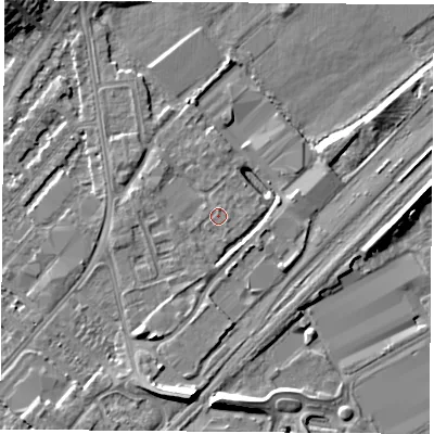 Shaded relief map of the ground around NG92JW, computed from Environment Agency LiDAR. The ground here sits at about 27 m above sea level and falls 9 m across the surrounding 800 m. The ground contributing surface water to this point lies to the south-south-east.