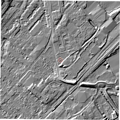 Shaded relief map of the ground around NG92JZ, computed from Environment Agency LiDAR. The ground here sits at about 27 m above sea level and falls 9 m across the surrounding 800 m. Surface water reaching this point runs off ground lying to the south-south-east, 6.8 m higher.