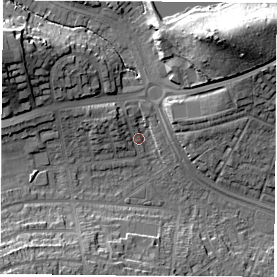 Shaded relief map of the ground around NG92QZ, computed from Environment Agency LiDAR. The ground here sits at about 34 m above sea level and falls 24 m across the surrounding 800 m. Surface water reaching this point runs off ground lying to the west-north-west, 4.3 m higher.