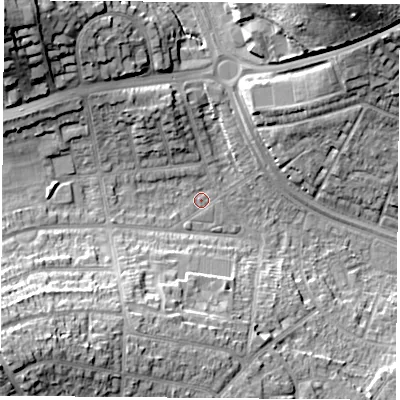 Shaded relief map of the ground around NG92RA, computed from Environment Agency LiDAR. The ground here sits at about 33 m above sea level and falls 23 m across the surrounding 800 m. Surface water reaching this point runs off ground lying to the south-west, 20.7 m higher.