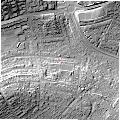 Shaded relief map of the ground around NG92RE, computed from Environment Agency LiDAR. The ground here sits at about 34 m above sea level and falls 24 m across the surrounding 800 m. Surface water reaching this point runs off ground lying to the south-south-west, 10.7 m higher.