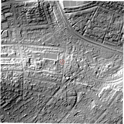 Shaded relief map of the ground around NG92RG, computed from Environment Agency LiDAR. The ground here sits at about 36 m above sea level and falls 20 m across the surrounding 800 m. Surface water reaching this point runs off ground lying to the south-west, 7.0 m higher.