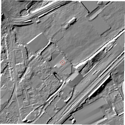 Shaded relief map of the ground around NG92RP, computed from Environment Agency LiDAR. The ground here sits at about 26 m above sea level and falls 6 m across the surrounding 800 m. Surface water reaching this point runs off ground lying to the south-south-west, 3.4 m higher.