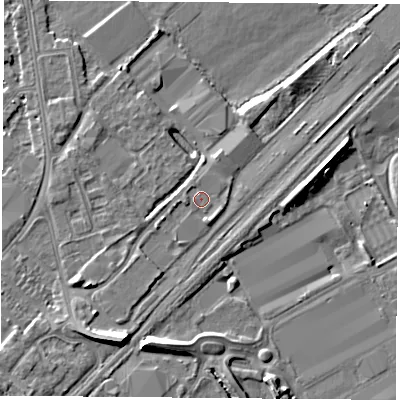 Shaded relief map of the ground around NG92RS, computed from Environment Agency LiDAR. The ground here sits at about 27 m above sea level and falls 9 m across the surrounding 800 m. Surface water reaching this point runs off ground lying to the west-south-west, 1.2 m higher.