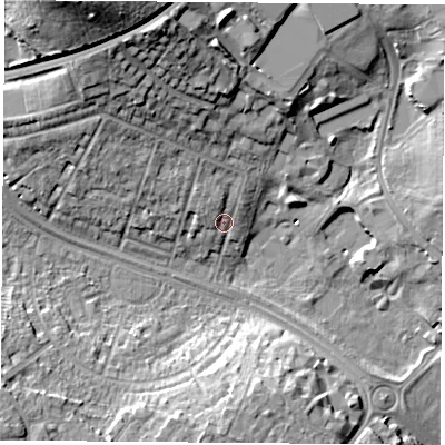 Shaded relief map of the ground around NG92SX, computed from Environment Agency LiDAR. The ground here sits at about 32 m above sea level and falls 24 m across the surrounding 800 m. Surface water reaching this point runs off ground lying to the north-north-west, 14.8 m higher.