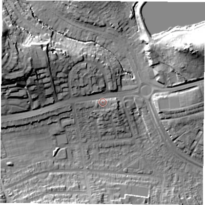 Shaded relief map of the ground around NG92TA, computed from Environment Agency LiDAR. The ground here sits at about 38 m above sea level and falls 27 m across the surrounding 800 m. Surface water reaching this point runs off ground lying to the west-north-west, 13.3 m higher.