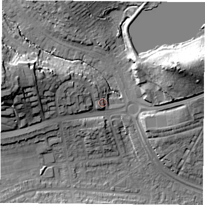 Shaded relief map of the ground around NG92TJ, computed from Environment Agency LiDAR. The ground here sits at about 37 m above sea level and falls 25 m across the surrounding 800 m. Surface water reaching this point runs off ground lying to the north-west, 3.8 m higher.
