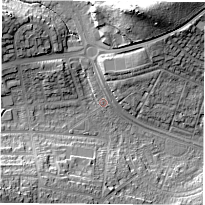 Shaded relief map of the ground around NG92TL, computed from Environment Agency LiDAR. The ground here sits at about 33 m above sea level and falls 25 m across the surrounding 800 m. Surface water reaching this point runs off ground lying to the north-north-east, 22.1 m higher.
