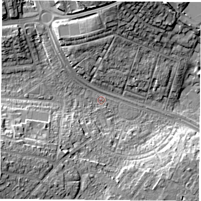 Shaded relief map of the ground around NG92TN, computed from Environment Agency LiDAR. The ground here sits at about 31 m above sea level and falls 16 m across the surrounding 800 m. Surface water reaching this point runs off ground lying to the north-north-east, 13.5 m higher.