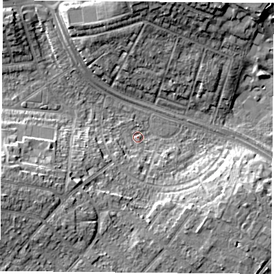 Shaded relief map of the ground around NG92TQ, computed from Environment Agency LiDAR. The ground here sits at about 31 m above sea level and falls 15 m across the surrounding 800 m. Surface water reaching this point runs off ground lying to the west-south-west, 13.0 m higher.