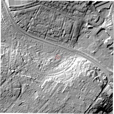 Shaded relief map of the ground around NG92TS, computed from Environment Agency LiDAR. The ground here sits at about 30 m above sea level and falls 15 m across the surrounding 800 m. Surface water reaching this point runs off ground lying to the south-west, 2.8 m higher.