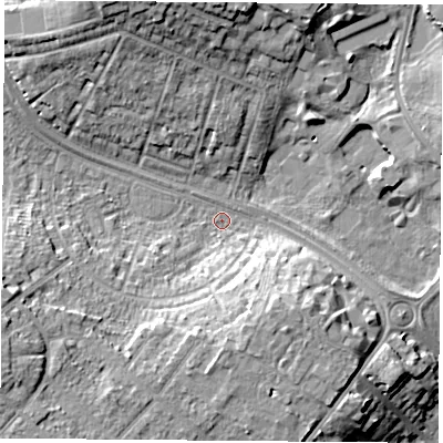 Shaded relief map of the ground around NG92TT, computed from Environment Agency LiDAR. The ground here sits at about 30 m above sea level and falls 15 m across the surrounding 800 m. Surface water reaching this point runs off ground lying to the west-south-west, 10.6 m higher.