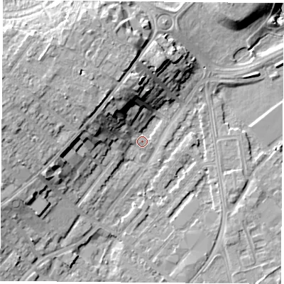 Shaded relief map of the ground around NG92WN, computed from Environment Agency LiDAR. The ground here sits at about 27 m above sea level and falls 14 m across the surrounding 800 m. Surface water reaching this point runs off ground lying to the west-north-west, 1.8 m higher.
