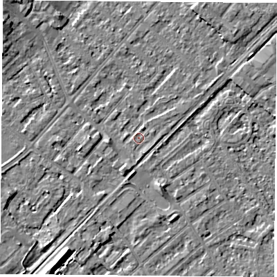Shaded relief map of the ground around NG92XF, computed from Environment Agency LiDAR. The ground here sits at about 27 m above sea level and falls 9 m across the surrounding 800 m. Surface water reaching this point runs off ground lying to the north-north-east, 1.7 m higher.