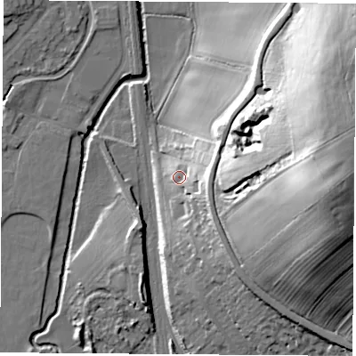 Shaded relief map of the ground around NG93NZ, computed from Environment Agency LiDAR. The ground here sits at about 50 m above sea level and falls 50 m across the surrounding 800 m. Surface water reaching this point runs off ground lying to the east-south-east, 9.5 m higher.