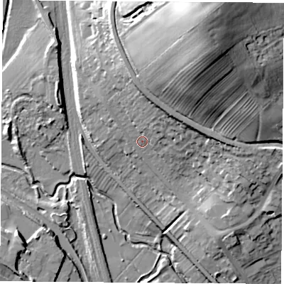 Shaded relief map of the ground around NG93PX, computed from Environment Agency LiDAR. The ground here sits at about 50 m above sea level and falls 51 m across the surrounding 800 m. Surface water reaching this point runs off ground lying to the north-east, 11.8 m higher.