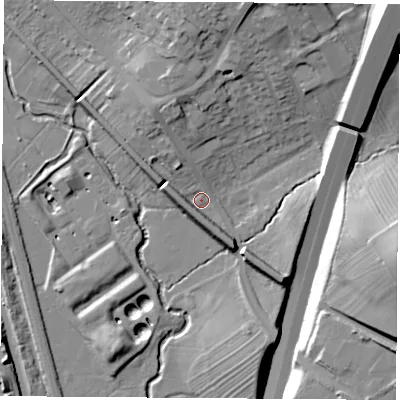 Shaded relief map of the ground around NG93QB, computed from Environment Agency LiDAR. The ground here sits at about 43 m above sea level and falls 30 m across the surrounding 800 m. Surface water reaching this point runs off ground lying to the south-east, 6.3 m higher.