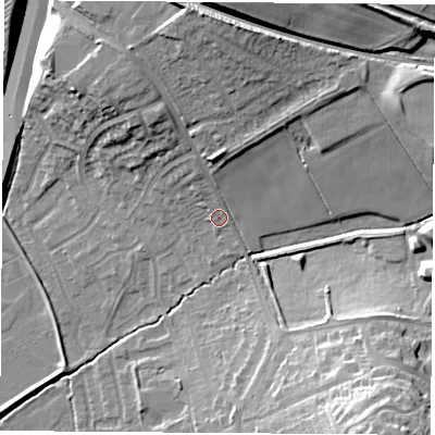 Shaded relief map of the ground around NG93QG, computed from Environment Agency LiDAR. The ground here sits at about 43 m above sea level and falls 25 m across the surrounding 800 m. Surface water reaching this point runs off ground lying to the north, 4.3 m higher.