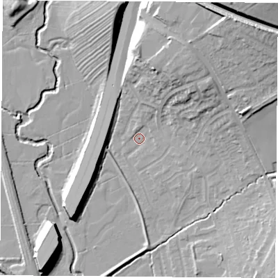 Shaded relief map of the ground around NG93QT, computed from Environment Agency LiDAR. The ground here sits at about 39 m above sea level and falls 22 m across the surrounding 800 m. Surface water reaching this point runs off ground lying to the north-north-east, 13.2 m higher.