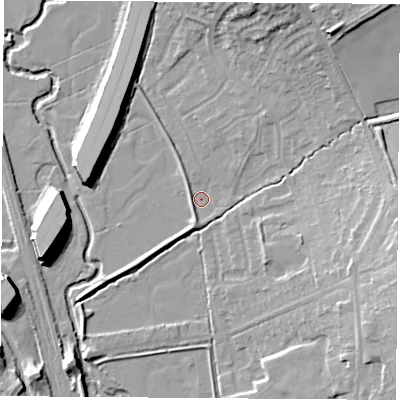 Shaded relief map of the ground around NG93QU, computed from Environment Agency LiDAR. The ground here sits at about 39 m above sea level and falls 13 m across the surrounding 800 m. Surface water reaching this point runs off ground lying to the west-north-west, 1.6 m higher.