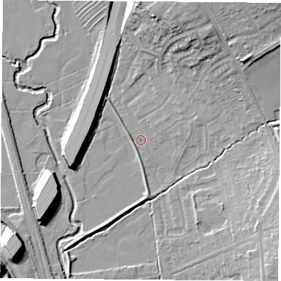 Shaded relief map of the ground around NG93QY, computed from Environment Agency LiDAR. The ground here sits at about 39 m above sea level and falls 16 m across the surrounding 800 m. Surface water reaching this point runs off ground lying to the north-north-east, 13.3 m higher.