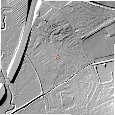 Shaded relief map of the ground around NG93RA, computed from Environment Agency LiDAR. The ground here sits at about 41 m above sea level and falls 20 m across the surrounding 800 m. Surface water reaching this point runs off ground lying to the north, 11.7 m higher.