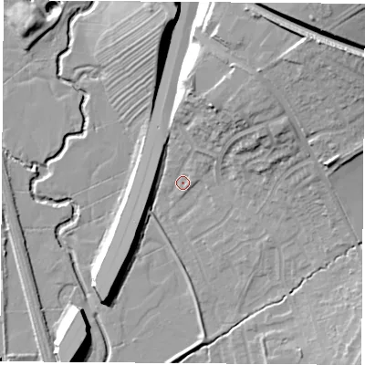 Shaded relief map of the ground around NG93RG, computed from Environment Agency LiDAR. The ground here sits at about 40 m above sea level and falls 27 m across the surrounding 800 m. Surface water reaching this point runs off ground lying to the north-north-east, 12.2 m higher.