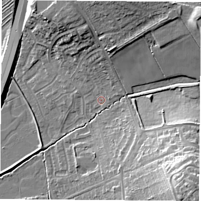 Shaded relief map of the ground around NG93RH, computed from Environment Agency LiDAR. The ground here sits at about 41 m above sea level and falls 24 m across the surrounding 800 m. Surface water reaching this point runs off ground lying to the north, 12.7 m higher.