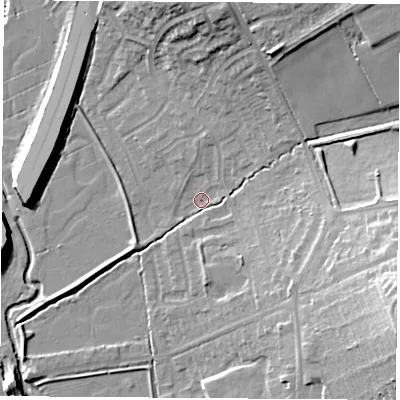 Shaded relief map of the ground around NG93RJ, computed from Environment Agency LiDAR. The ground here sits at about 39 m above sea level and falls 22 m across the surrounding 800 m. Surface water reaching this point runs off ground lying to the east-south-east, 18.0 m higher.
