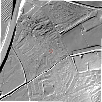 Shaded relief map of the ground around NG93RQ, computed from Environment Agency LiDAR. The ground here sits at about 41 m above sea level and falls 24 m across the surrounding 800 m. Surface water reaching this point runs off ground lying to the north-north-east, 15.0 m higher.