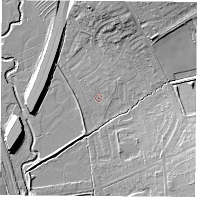 Shaded relief map of the ground around NG93RW, computed from Environment Agency LiDAR. The ground here sits at about 39 m above sea level and falls 15 m across the surrounding 800 m. Surface water reaching this point runs off ground lying to the north-east, 2.0 m higher.