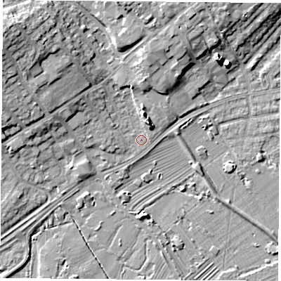 Shaded relief map of the ground around NG95AD, computed from Environment Agency LiDAR. The ground here sits at about 28 m above sea level and falls 13 m across the surrounding 800 m. Surface water reaching this point runs off ground lying to the north-west, 9.9 m higher.