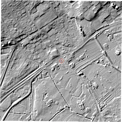 Shaded relief map of the ground around NG95AE, computed from Environment Agency LiDAR. The ground here sits at about 27 m above sea level and falls 12 m across the surrounding 800 m. Surface water reaching this point runs off ground lying to the north-west, 11.0 m higher.