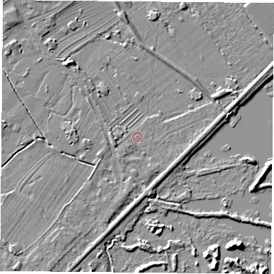 Shaded relief map of the ground around NG95AF, computed from Environment Agency LiDAR. The ground here sits at about 27 m above sea level and falls 5 m across the surrounding 800 m. Surface water reaching this point runs off ground lying to the north-west, 4.2 m higher.