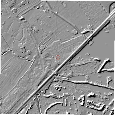 Shaded relief map of the ground around NG95AG, computed from Environment Agency LiDAR. The ground here sits at about 27 m above sea level and falls 6 m across the surrounding 800 m. Surface water reaching this point runs off ground lying to the south-south-west, 2.0 m higher.