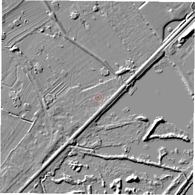 Shaded relief map of the ground around NG95AH, computed from Environment Agency LiDAR. The ground here sits at about 27 m above sea level and falls 11 m across the surrounding 800 m. Surface water reaching this point runs off ground lying to the north-east, 2.6 m higher.
