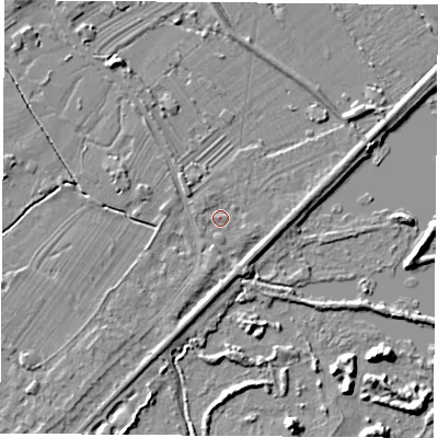 Shaded relief map of the ground around NG95AJ, computed from Environment Agency LiDAR. The ground here sits at about 27 m above sea level and falls 5 m across the surrounding 800 m. Surface water reaching this point runs off ground lying to the south, 2.0 m higher.