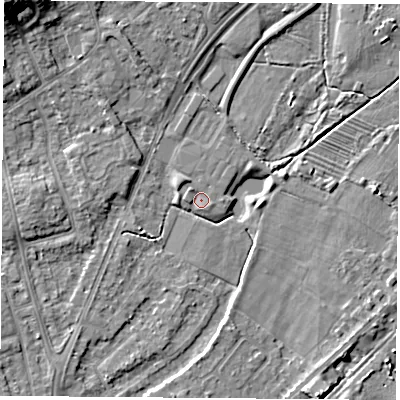 Shaded relief map of the ground around NG95AL, computed from Environment Agency LiDAR. The ground here sits at about 28 m above sea level and falls 13 m across the surrounding 800 m. Surface water reaching this point runs off ground lying to the north-west, 0.7 m higher.