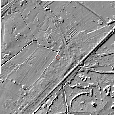 Shaded relief map of the ground around NG95AN, computed from Environment Agency LiDAR. The ground here sits at about 27 m above sea level and falls 5 m across the surrounding 800 m. Surface water reaching this point runs off ground lying to the south-south-west, 1.8 m higher.