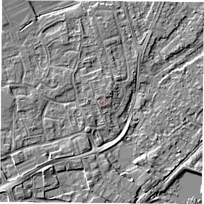 Shaded relief map of the ground around NG95AS, computed from Environment Agency LiDAR. The ground here sits at about 29 m above sea level and falls 5 m across the surrounding 800 m. Surface water reaching this point runs off ground lying to the north-west, 0.9 m higher.