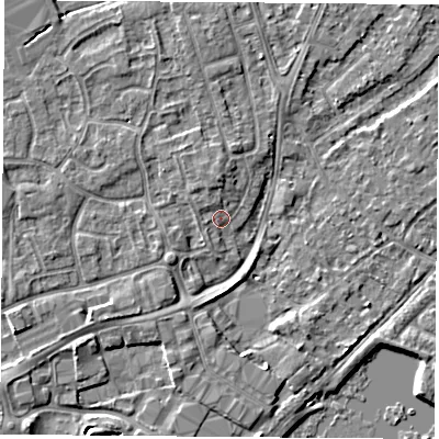 Shaded relief map of the ground around NG95AT, computed from Environment Agency LiDAR. The ground here sits at about 28 m above sea level and falls 5 m across the surrounding 800 m. Surface water reaching this point runs off ground lying to the north-west, 1.5 m higher.