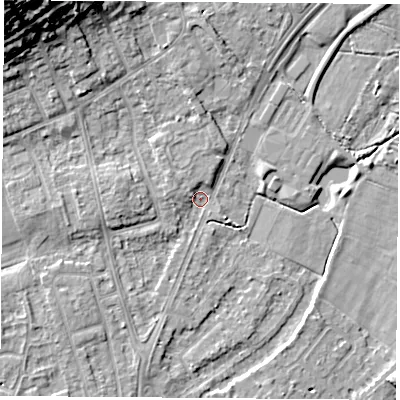 Shaded relief map of the ground around NG95HL, computed from Environment Agency LiDAR. The ground here sits at about 28 m above sea level and falls 20 m across the surrounding 800 m. Surface water reaching this point runs off ground lying to the west, 2.7 m higher.