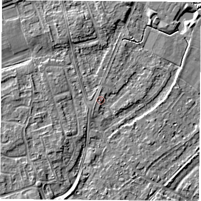 Shaded relief map of the ground around NG95HS, computed from Environment Agency LiDAR. The ground here sits at about 28 m above sea level and falls 4 m across the surrounding 800 m. Surface water reaching this point runs off ground lying to the west-south-west, 1.3 m higher.