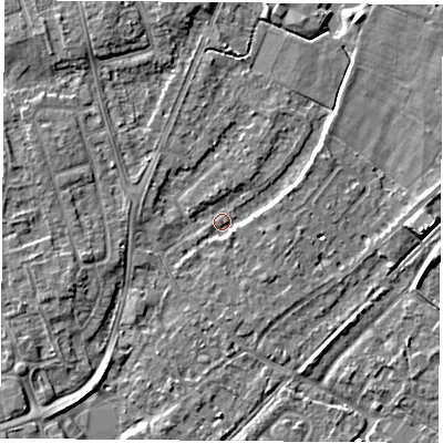 Shaded relief map of the ground around NG95HT, computed from Environment Agency LiDAR. The ground here sits at about 27 m above sea level and falls 4 m across the surrounding 800 m. Surface water reaching this point runs off ground lying to the west-north-west, 1.7 m higher.