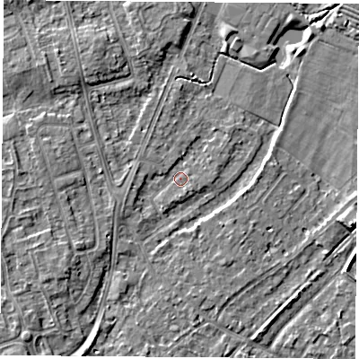 Shaded relief map of the ground around NG95HU, computed from Environment Agency LiDAR. The ground here sits at about 27 m above sea level and falls 4 m across the surrounding 800 m. Surface water reaching this point runs off ground lying to the south-south-east, 1.1 m higher.