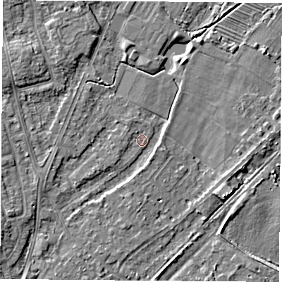 Shaded relief map of the ground around NG95HW, computed from Environment Agency LiDAR. The ground here sits at about 27 m above sea level and falls 4 m across the surrounding 800 m. Surface water reaching this point runs off ground lying to the west-south-west, 2.0 m higher.
