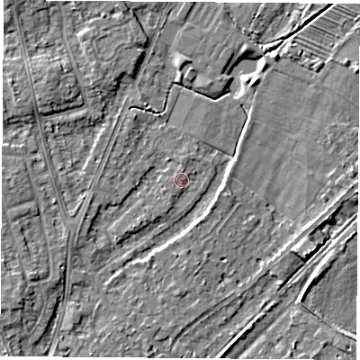 Shaded relief map of the ground around NG95HX, computed from Environment Agency LiDAR. The ground here sits at about 28 m above sea level and falls 4 m across the surrounding 800 m. Surface water reaching this point runs off ground lying to the west-south-west, 2.0 m higher.