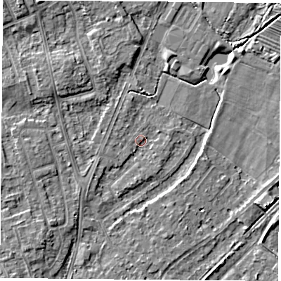 Shaded relief map of the ground around NG95HY, computed from Environment Agency LiDAR. The ground here sits at about 27 m above sea level and falls 5 m across the surrounding 800 m. Surface water reaching this point runs off ground lying to the south-west, 1.0 m higher.